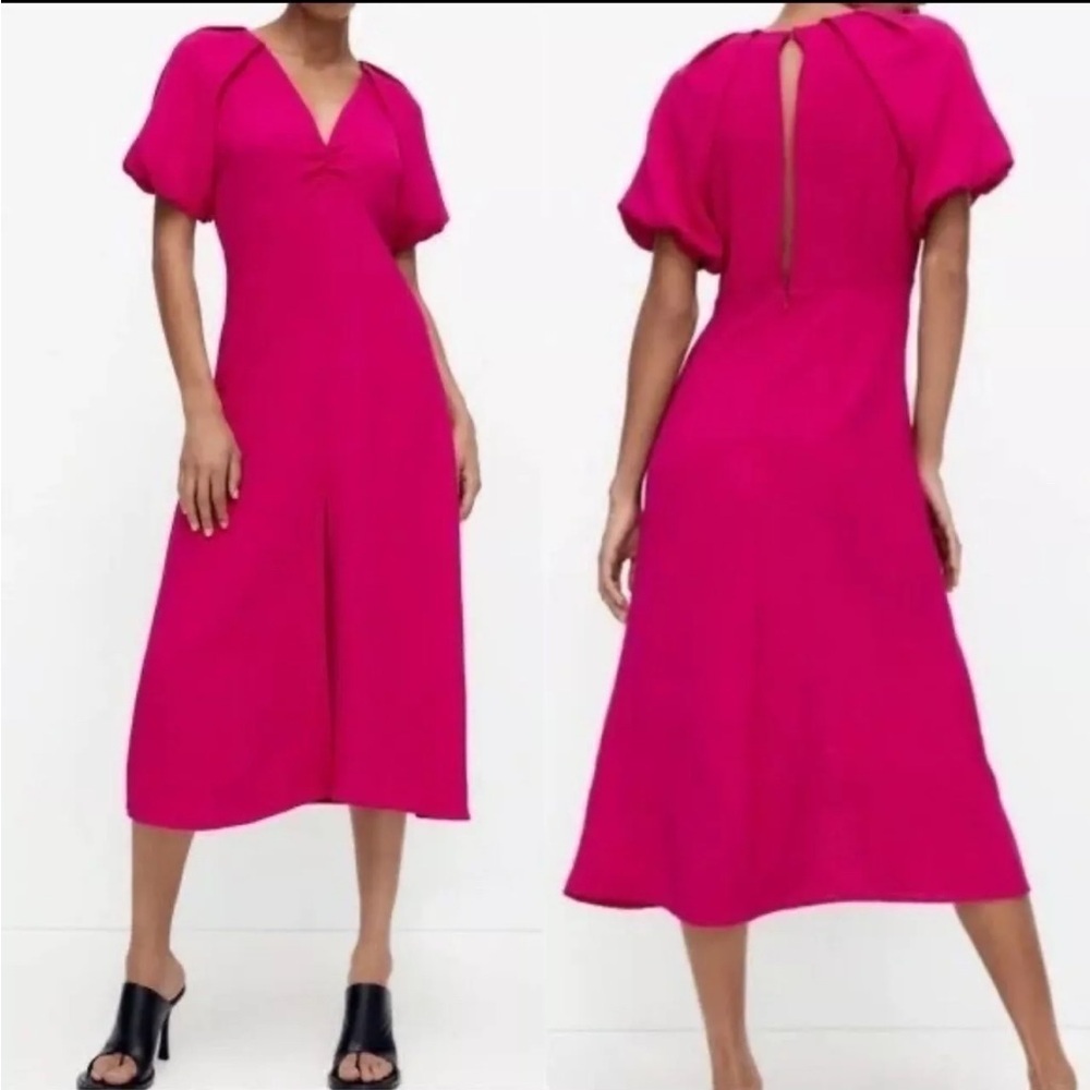 Zara Fuchsia Midi Puff Sleeves V Neck Dress With Front Slit